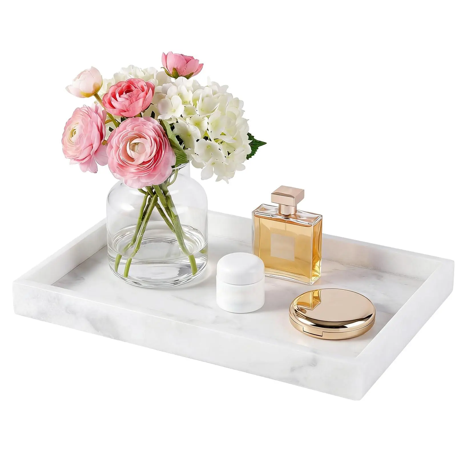 GARVEE 12x8 in Rectangular Pure White Marble Vanity Tray - Non-Ceramic Natural Stone Organizer for Bathroom, Dresser - Jewelry, Perfume Storage, Modern Home Decor