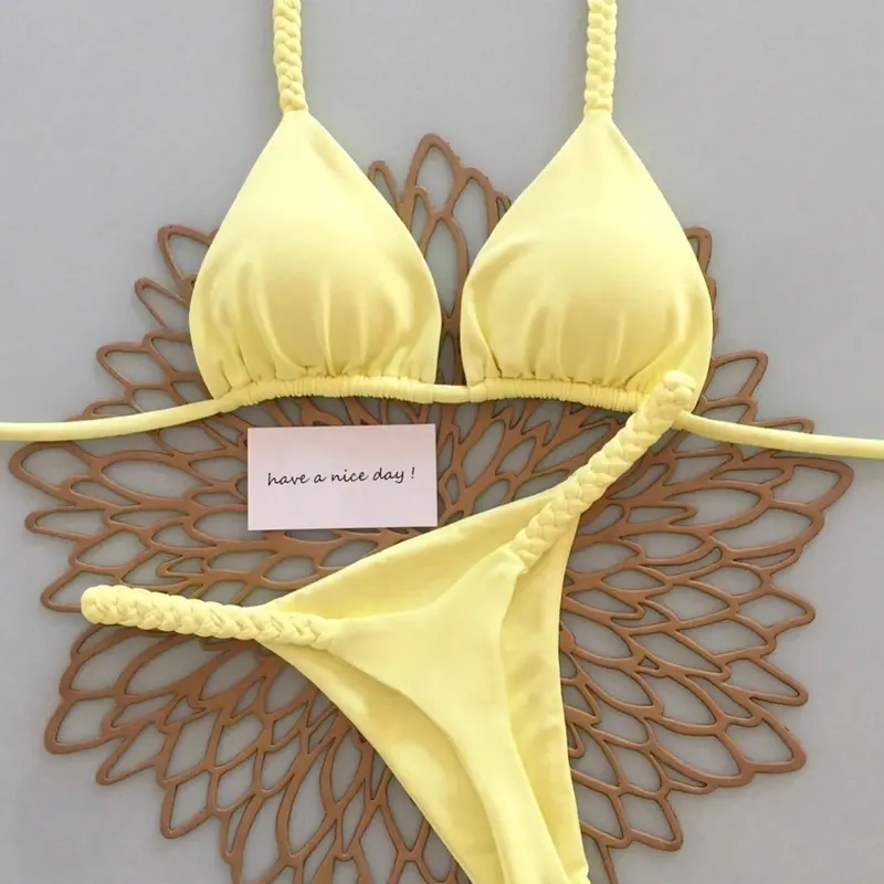 Women's French Bikini Set, Braided Rope Halter Triangle Top & Panty Beachwear Swimsuit for Summer Beach Holiday Bikini Swimsuit Outfit, Style Bikini Set