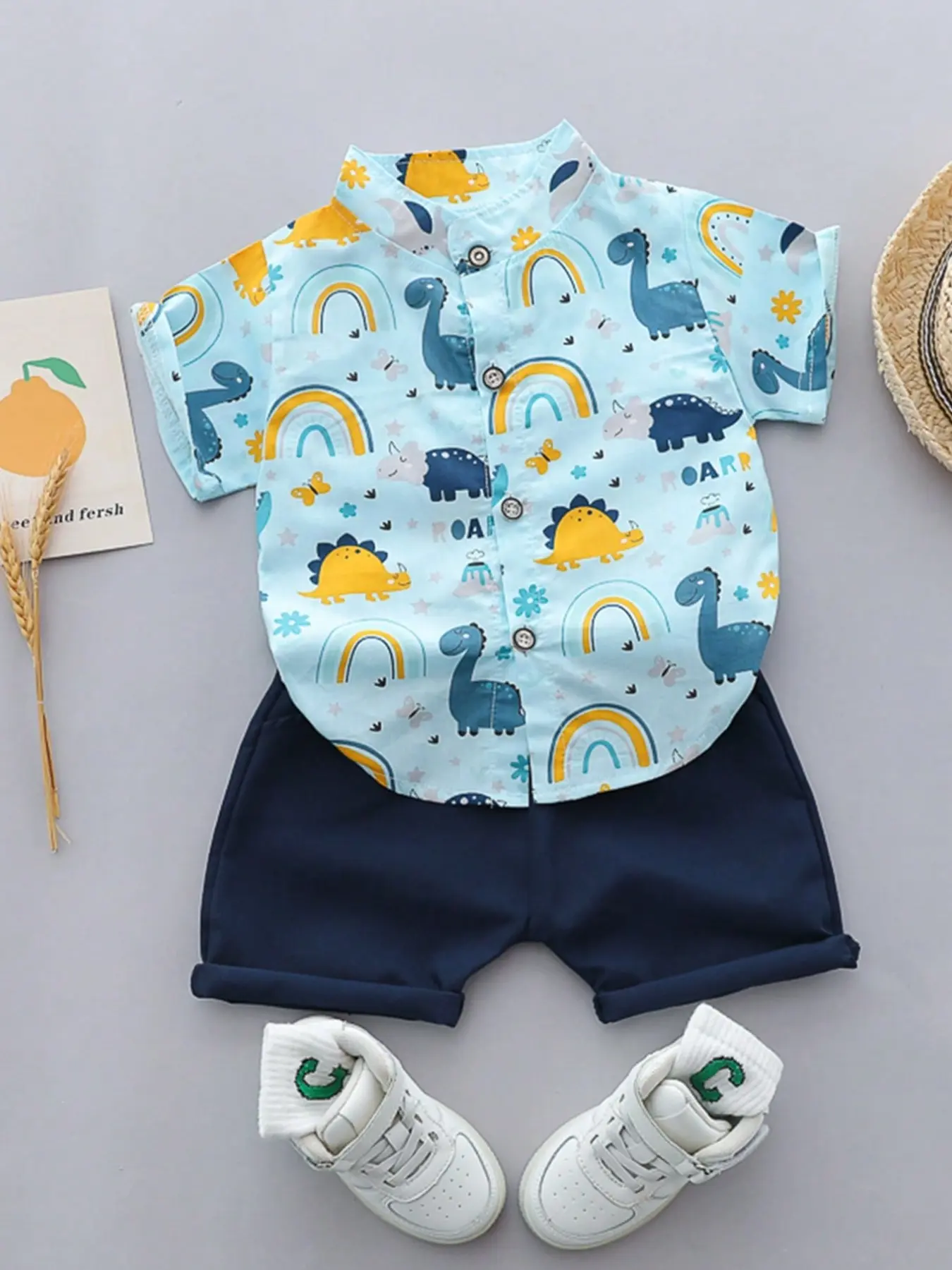 2PCS Baby Toddler Summer Sunlight Dinosaur Random Print Short Sleeve Shirt Shorts Set Outfit, Toddler Style, Baby Boy Clothes, Baby Clothing, Cute Casual for Boys & Girls