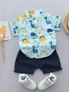 2PCS Baby Toddler Summer Sunlight Dinosaur Random Print Short Sleeve Shirt Shorts Set, Cute Casual for Boys & Girls