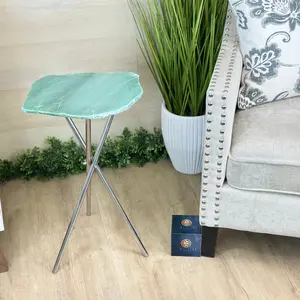 Natural Green Quartz Side Table on Chrome Metal Base, 23.9" Tall #1341GQ-003