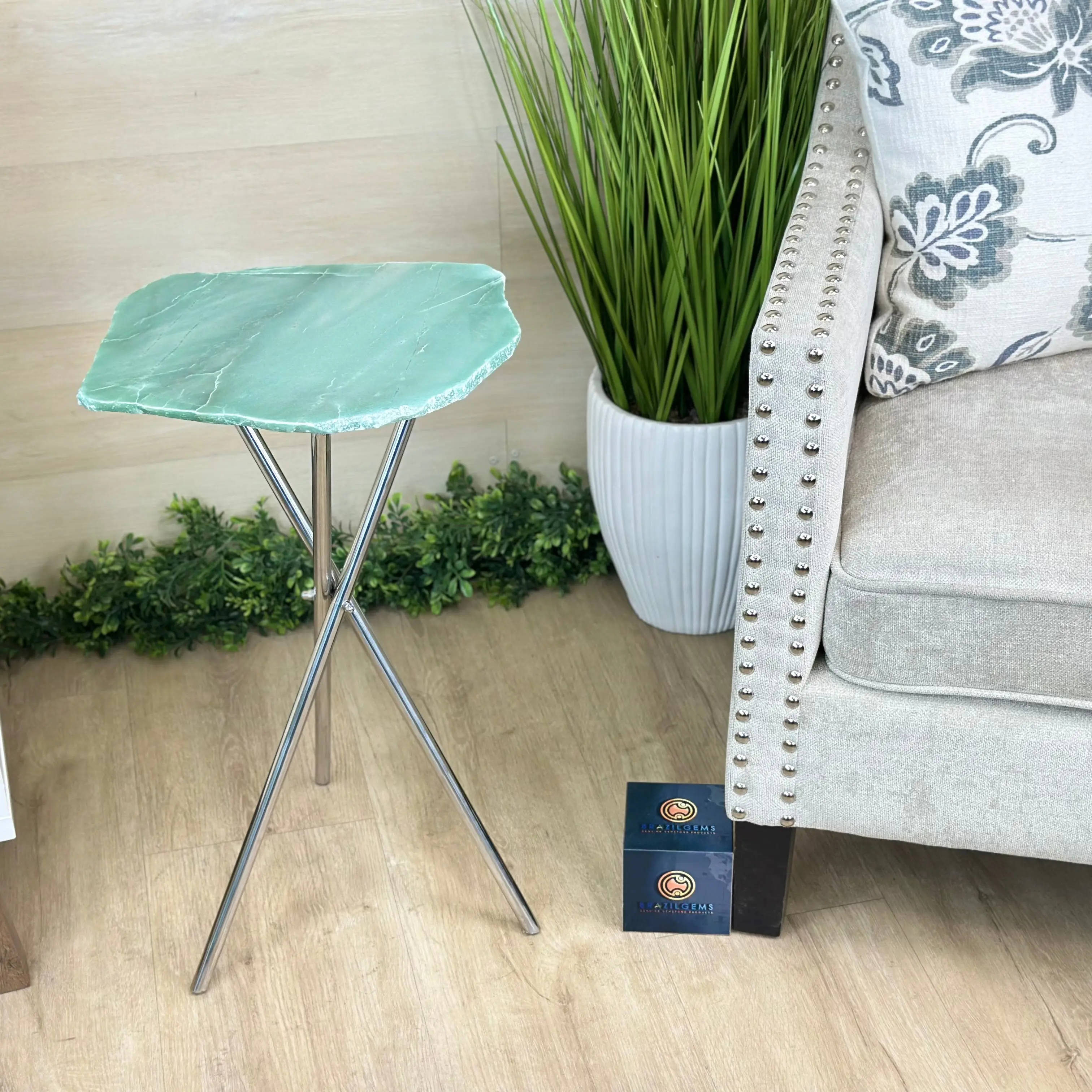 Natural Green Quartz Side Table on Chrome Metal Base, 23.9" Tall #1341GQ-003