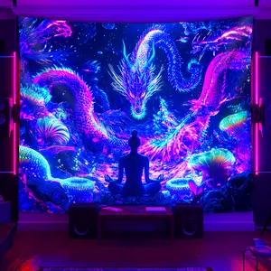 1pc Divine Meditation: Underwater Dragon- Glow In The UV Light Glow In The Dark Party Banner Tapestry, Large Size Peach Skin Fluorescent Printing Tapestry, Bedroom Hanging Tapestry For Party, Bedroom Home Decor, Wall Decoration With Free Accessories