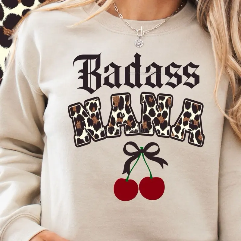 Badass Nana Crewneck Sweatshirt | Trendy red cherry and bow,leopard print sweatshirt,Gift for nana, Cozy Casual Wear, Mother's Day Stylish Collar Cotton