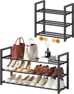 Moko 3-Tire Expandable Shoe Rack for Closet, 17"-31" Adjustable Free Standing Shoe Shelf Storage Fits 6-12 Pairs Shoes, Heavy Duty Reinforced Metal Shoes Organizer for Entryway Doorway Dorm