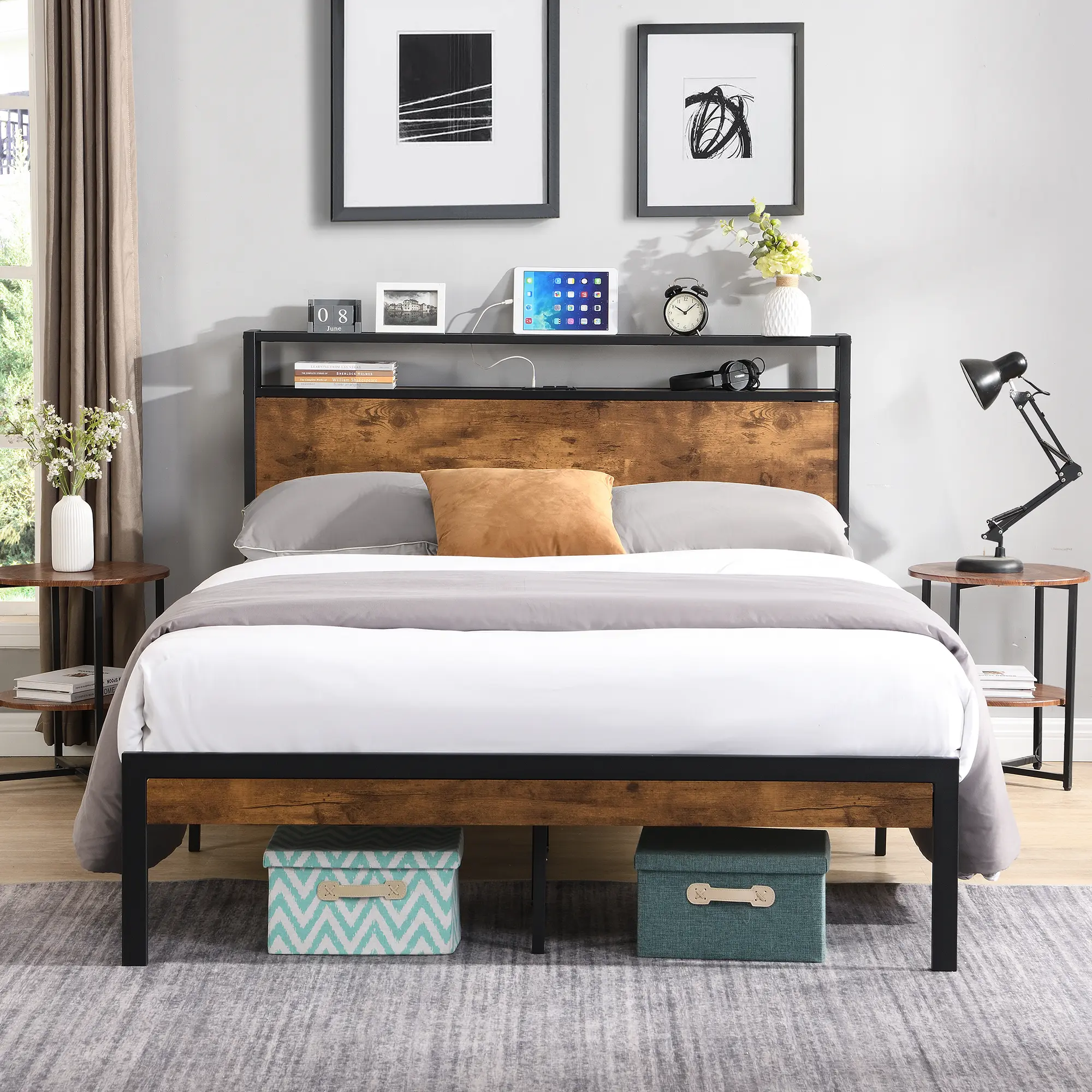 Industrial Rustic Queen Size Platform Bed Frame with Charging Station, Storage Headboard, Storage Footboard, Noise-Free Design, 66.14 lbs, 86.60 x 60.20 x 39.00 inches, Assembly Required, Fire Safety Label, Easy Setup, Black-Brown Finish