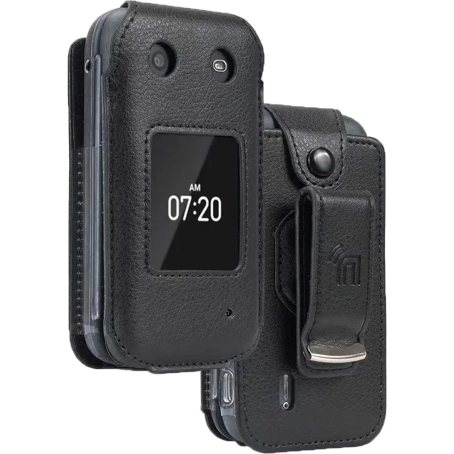 Case for Nokia 2760/2780 Flip Phone, Nakedcellphone [Black Vegan Leather] Form-Fit Cover with [Built-In Screen Protection] and [Metal Belt Clip] for Tracfone N139DL, TA-1398, TA-1451, TA-1420