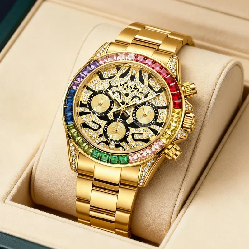 VEADONS Men's Business & Fashion Quartz Watch with Rhinestone Embellishment, Rainbow Crystal Chronograph, Luminous Date Display, Water-Resistant, Suitable for Parties & Daily Wear, Gift Box Packaged for Birthdays