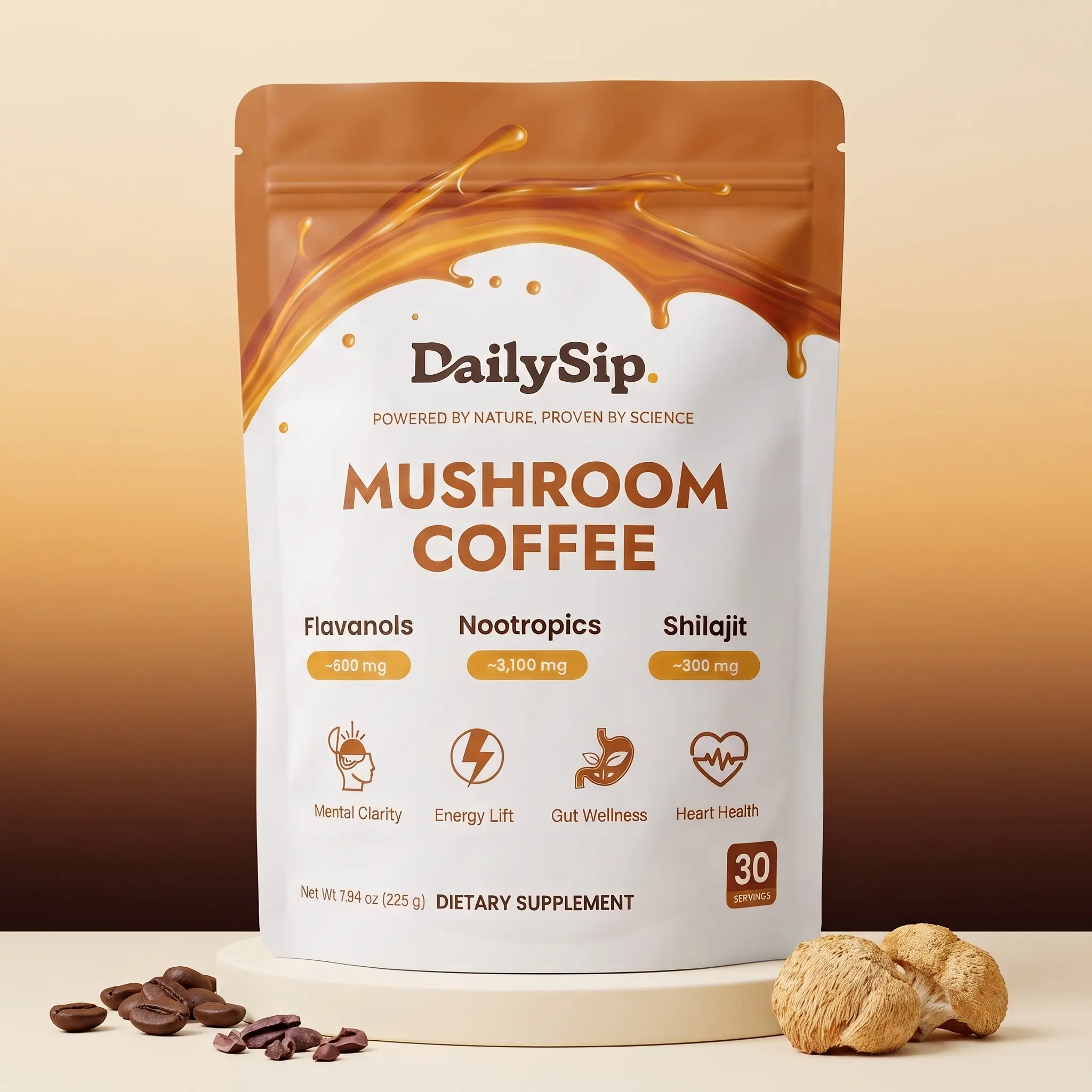 DAILYSIP Mushroom Coffee with 1000mg Lions Mane, Cordyceps & Chaga, Shilajit, L-Theanine, Cocoa Flavanols for Calm Energy, Focus, Clarity, Gut Wellness, No Crash, Only 20mg Caffeine, Sugar Free, Plant Based, Instant Arabica Coffee, 30 Servings, Pack of 1