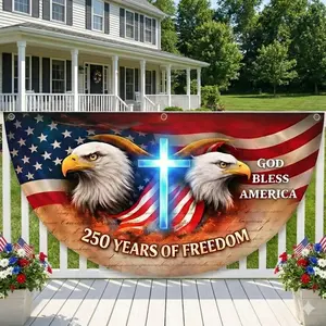 God Bless America 250 Years Banner, America 250th Birthday Polyester Semicircular Flag Banner, Patriotic Eagle Cross American Flag Fence Banner, 1776–2026 USA Freedom Anniversary Flag, 4th Of July Outdoor Decoration, Semiquincentennial Yard Bunting Decor