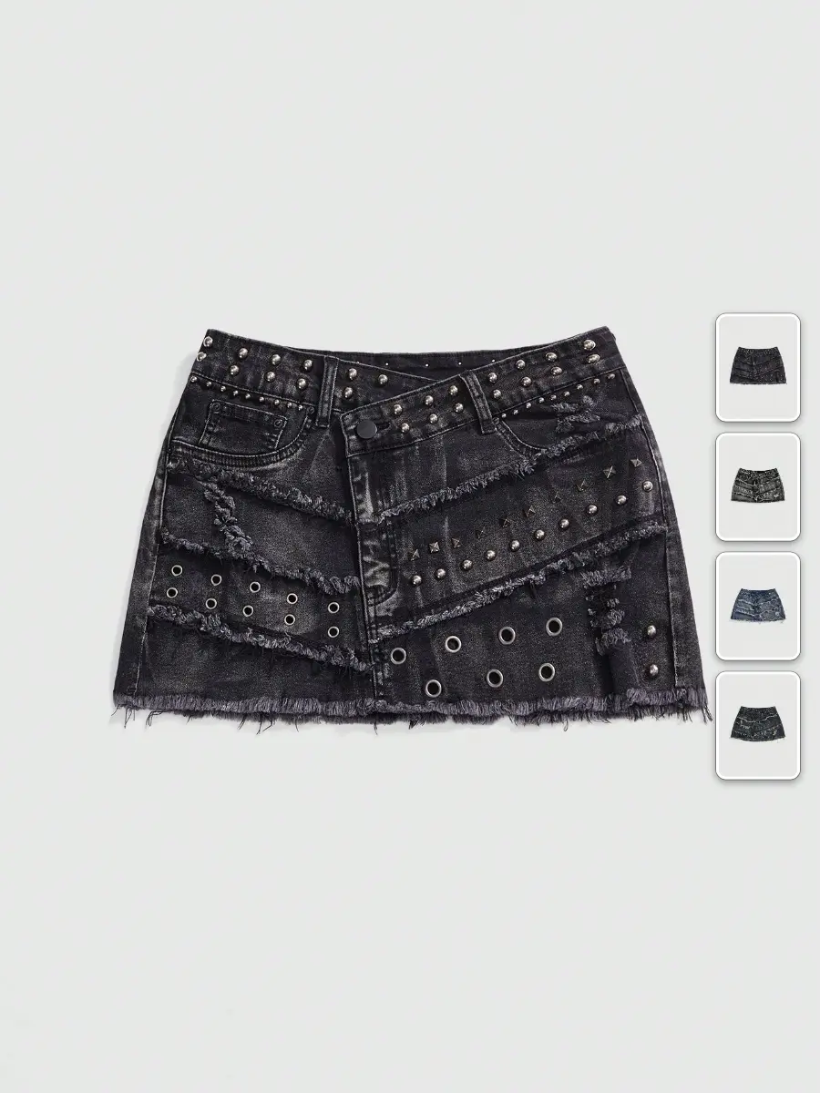Y2K Mini Skirt Distressed Ripped Studded Pearl Decor Bodycon Denim Streetwear Fashion