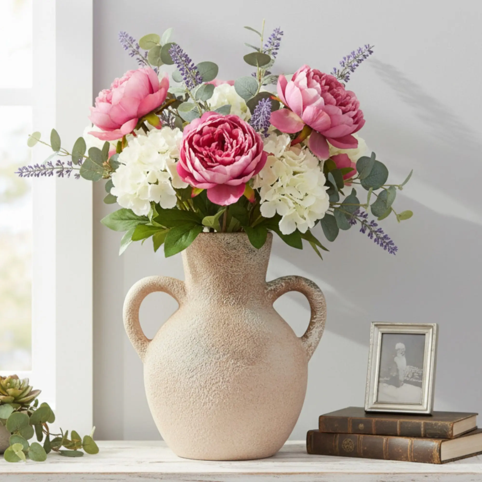 【Summer Deal】Silvanest Handcrafted Ceramic Vase with Double Handles, 7.5” Rustic Beige Pottery Vase for Modern Home Decor, Mediterranean Boho Farmhouse Decorative Vase for Pampas Grass or Flowers