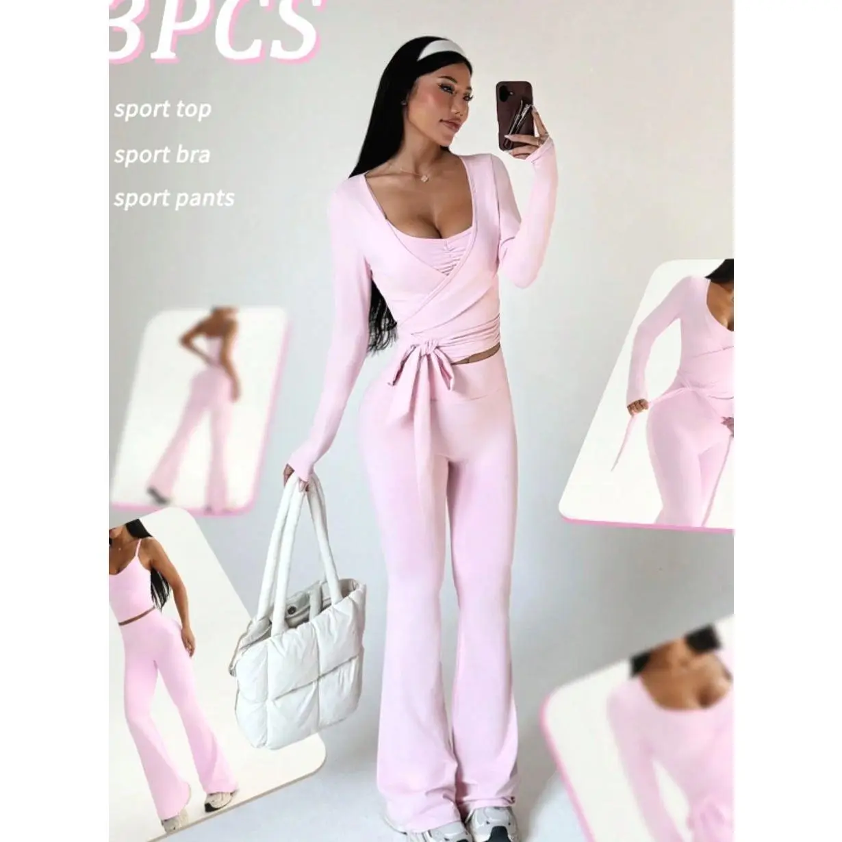 Women's 3 Piece Yoga and Pilates Set, Light Pink Long Sleeve Top, Adjustable Strap Tank and High Waist Flared Pants Athleisure Outfit