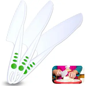 Kid Safe Kitchen Knife Set - 3-Piece Nylon Knives for Kids, White & Green, Ages 4+ - Non-Scratch Tools for Nonstick Pans & Kitchen Tool Set