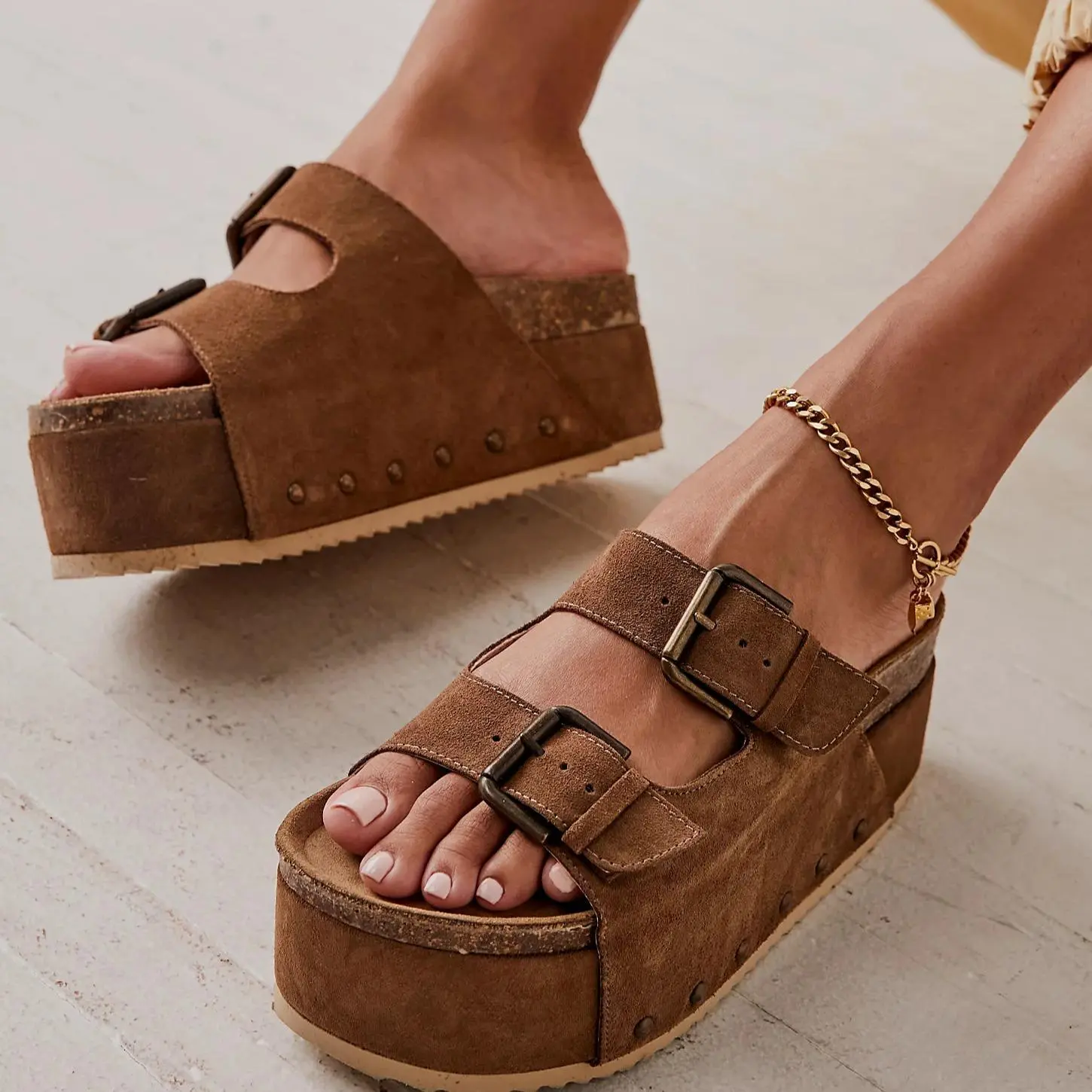 Women's Breathable Basic Suede Block Platform Slip-On Mules - Adjustable Double-Strap Buckle Design Sandals, Open Toe, Toe Thong, Lightweight Cork Cow Hide Rubber Sole, Casual Footwear (Check Size Chart)