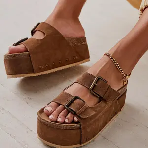Women's Cork Platform Sandals Slip on Mules and Clogs Double Buckle Straps Summer Shoes