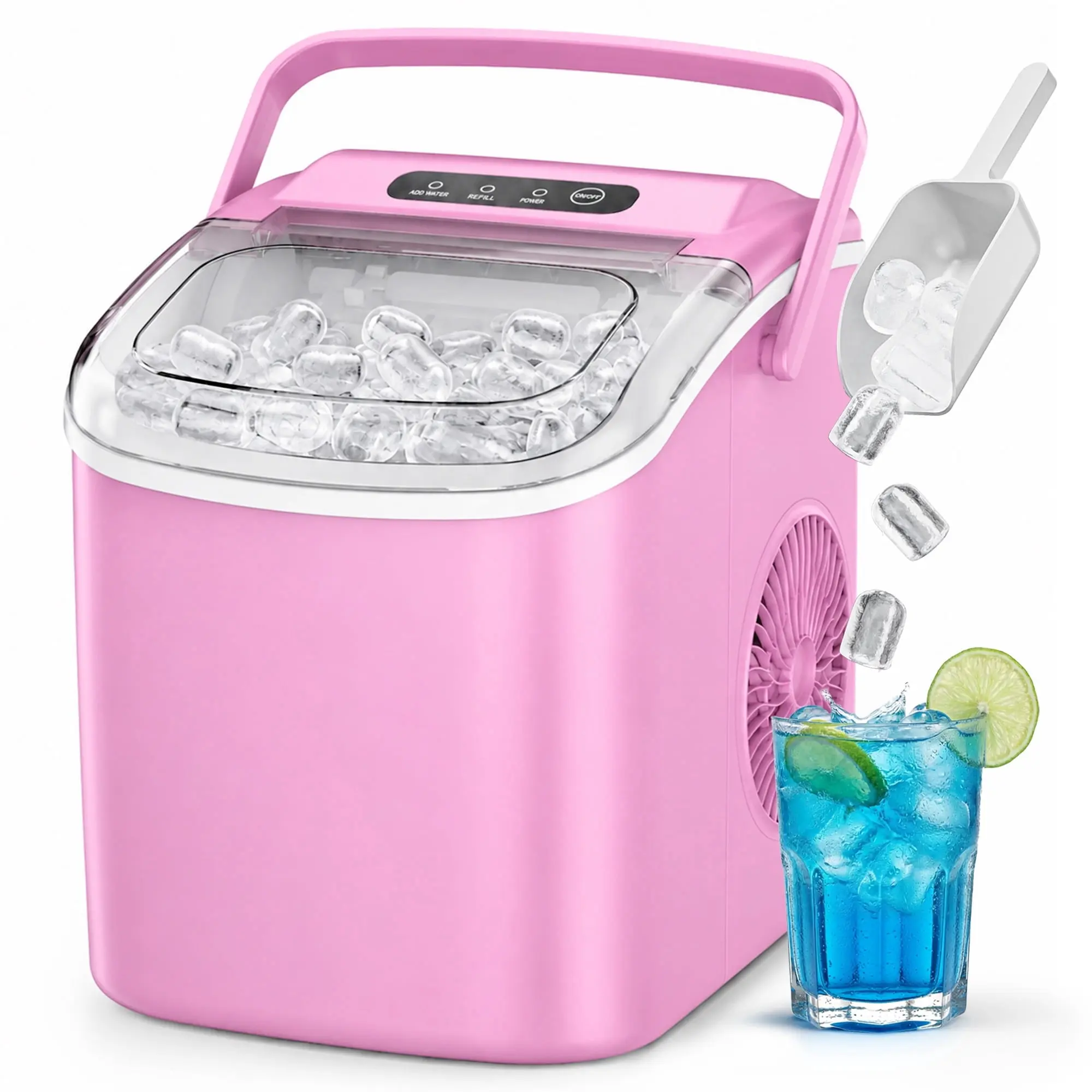 Simzlife Portable Ice Maker Countertop, 26 lbs/24H, 9 Bullet-Shaped Ice in 6 Min, Self-Cleaning Portable Ice Maker for Kitchen, Home, Office, RV, Pink