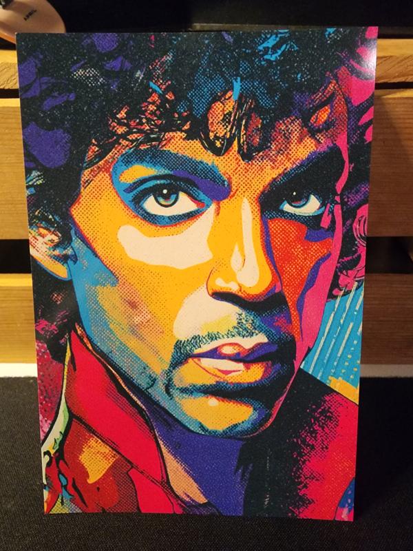 Mini Prince Pop Culture Music Icon Poster 4x6 Inches Vibrant Abstract Design Bold Red Black Blue Shapes Ideal for Walls Desks Shelves