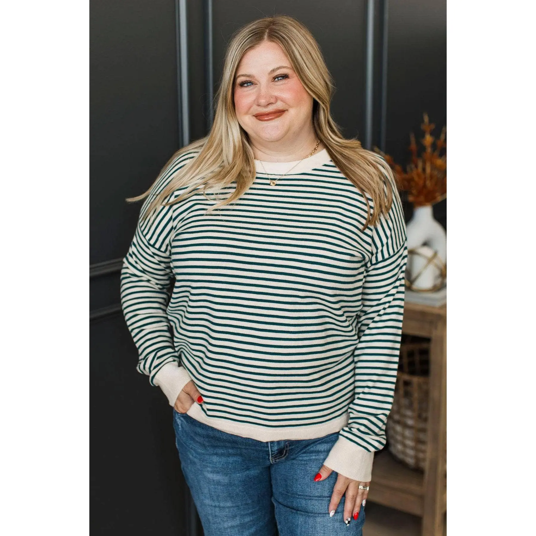 Women's Big Statement Striped Knitwear Sweater - Ivory & Teal, Knit Fabric, Flat Fit, Striped Print, Ribbed