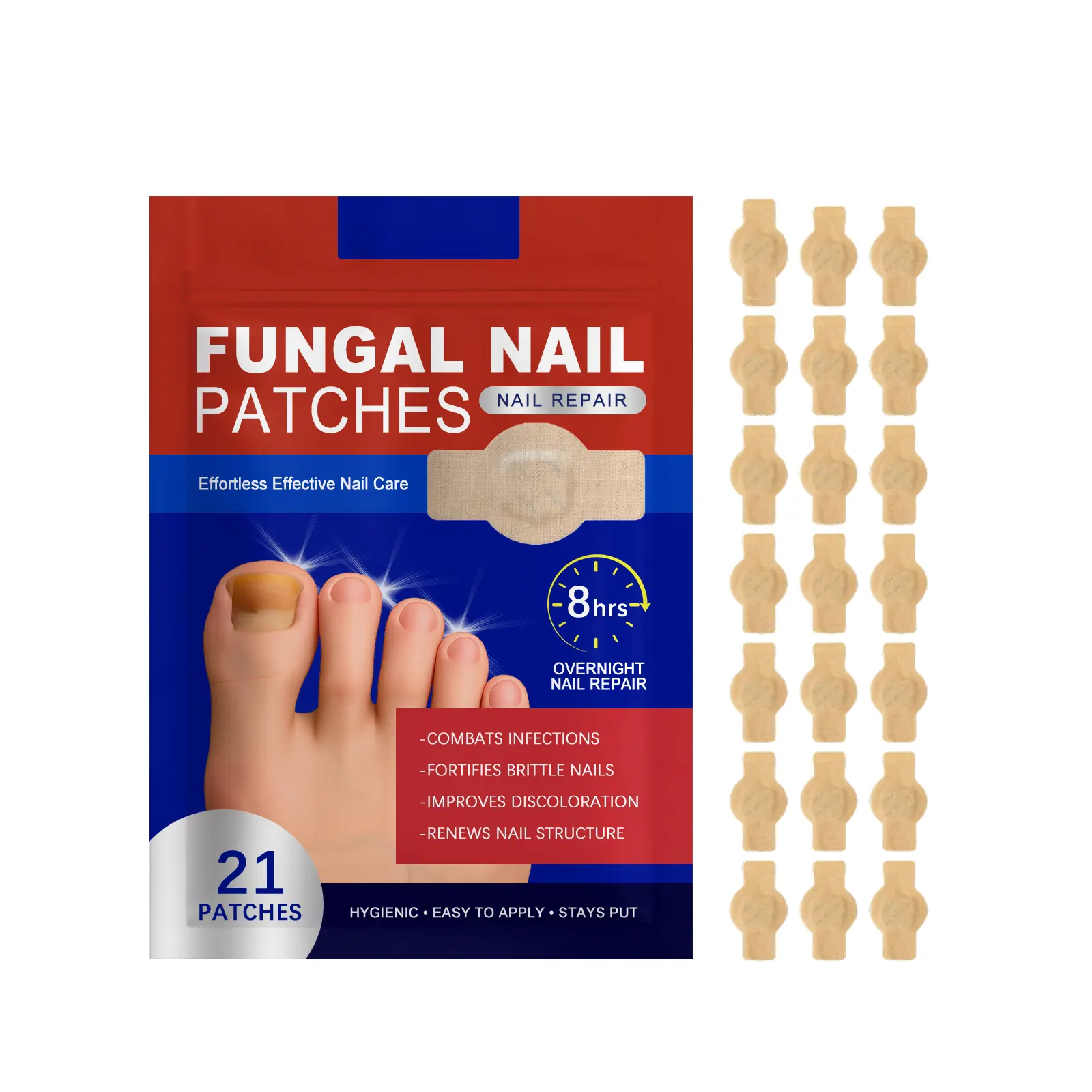 Extra Strength Fungal Nail Patches (21 Count), Castor-Infused Toenail Fungus Treatment, 8-Hour Overnight Fix to Improve Discoloration, Easy to Apply Nail Care for Adults, Toe Nails