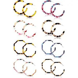 FINREZIO 8 Pairs Colorful Natural Acrylic Earrings for Women Men Unique Resin Geometric Hoop Earrings for Autumn Delicate C Shaped Earrings Fashionable Statement Drop Dangle Earrings Set