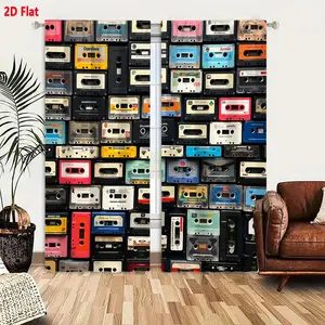 2D Flat Vintage Cassette Tape Pattern Blackout Curtains 2 Piece Set - Colorful Retro Music History Window Drapes with Grid Design for Bedroom Living Room, Multi - Color (Black, White, Blue, Red, Yellow, Pink, Orange)