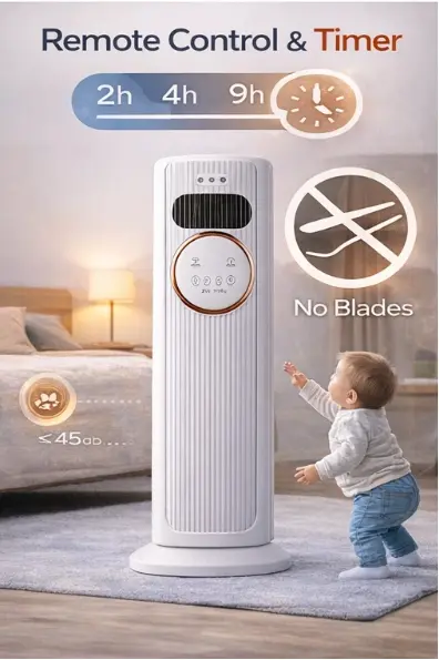 Bladeless Tower Fan - 4-in-1 Plug-Powered Plastic Brushless Home Appliance with Cool, Heat, Humidify, Air Circulation, Remote Control, Low Noise, Portability, All Seasons Indoor Use for Living Room, Study Desk, Home Cooling Solutions