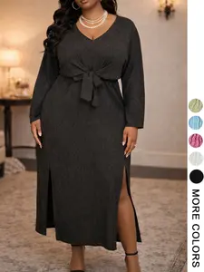 Plus Size Elegant Feminine Dress – V Neck Tie Waist Long Sleeve Gown, Party Evening Essential, Slim Fit, Spring & Fall Fashion