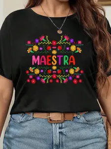Women's Plus Size Maestra Spanish Mexican Teacher Graphic Crewneck T-Shirt - Soft Fitted Short-Sleeve Womenswear Sports Top for Summer Comfort
