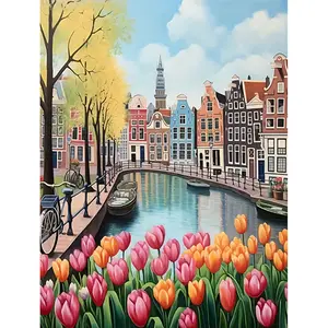 1PCS European/American Retro Style Oil Painting Tulip Landscape Decorative Painting- 16x20 Inch - Frameless - Suitable for Art Students DIY Digital Painting Kit - Professional Paintings - Paint by Numbers - Handcraft Art Set, Diy Painting Supplies
