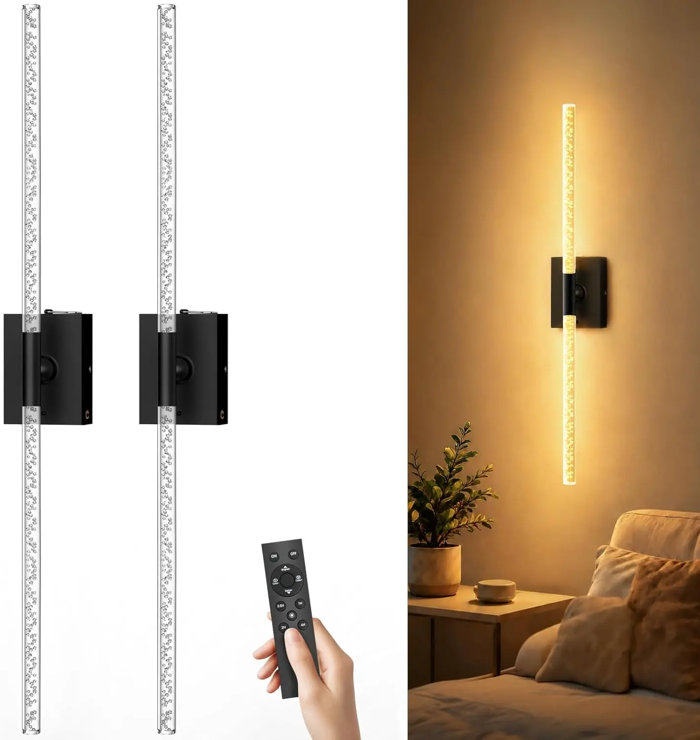 Set of 2 Wireless Battery-Operated Dimmable LED Wall Sconces with Remote, 360-Degree Rotating Bubble Acrylic Wall Lamps, ABS & Acrylic Black/Gold Indoor Lighting for Bedroom Bedside, Home Improvement Camping Essentials