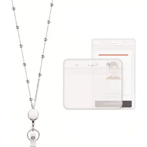 Retractable Badge Reel Lanyard with 2 count ID Holder for Women,  Fashion Beaded Chain  Stainless Steel Lanyard Necklace Water Resistant Name Badge Holder