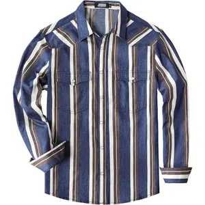 JOGAL Mens Striped Western Shirts Long Sleeve Pearl Snap Casual Cowboy Shirt Regular Fit Work Shirts with Two Pockets
