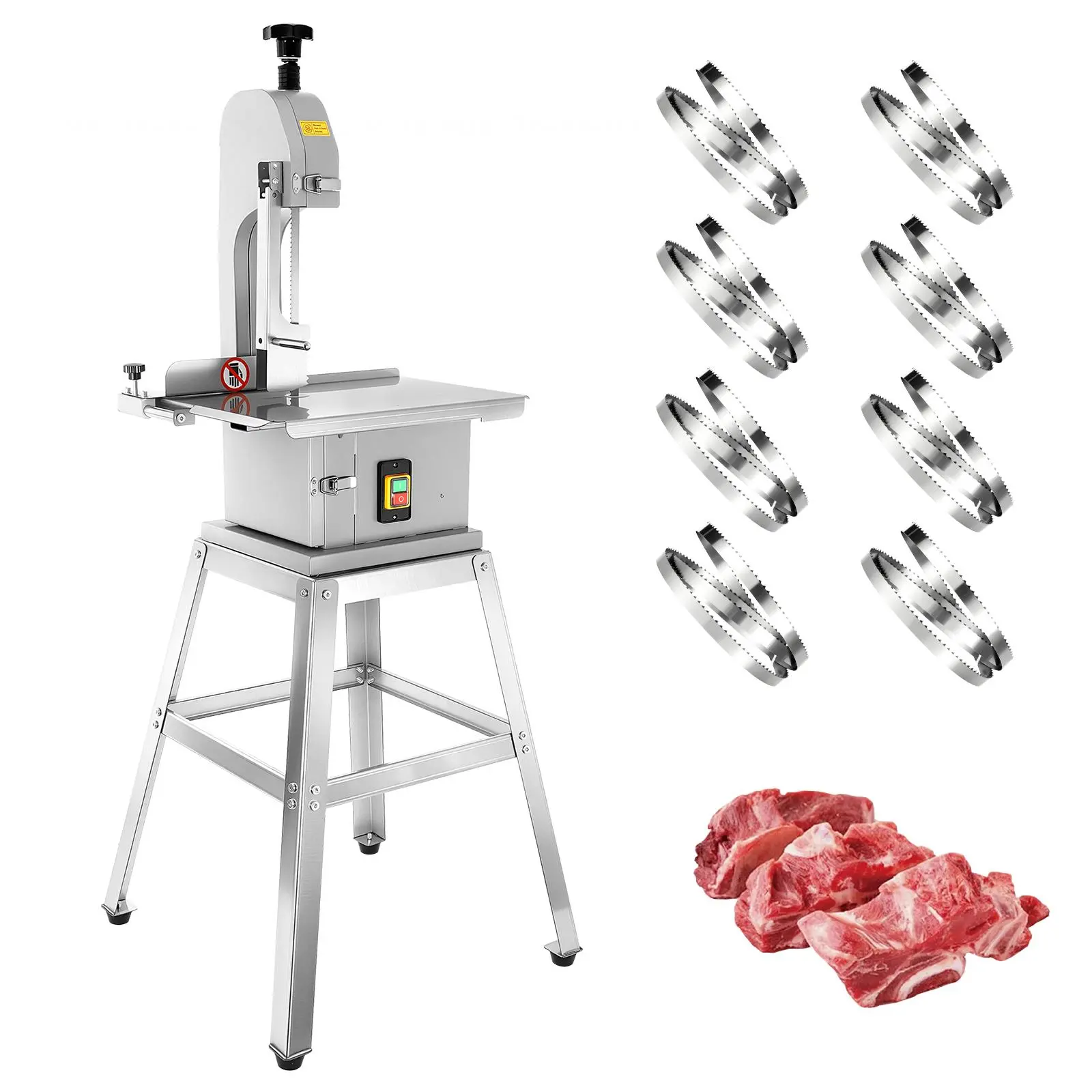 1500W Stainless Steel Anti-Corrosion Electric Bone Saw Machine with Stand, 110V 2.6HP Commercial Bandsaw, 18.7x12in Workbench, 0.04-7.8in Adjustable Thickness, 330-441lb/Hour Capacity, 8 Blades, Improved Cutting Efficiency for Restaurants, 8 Saw Blades, 3