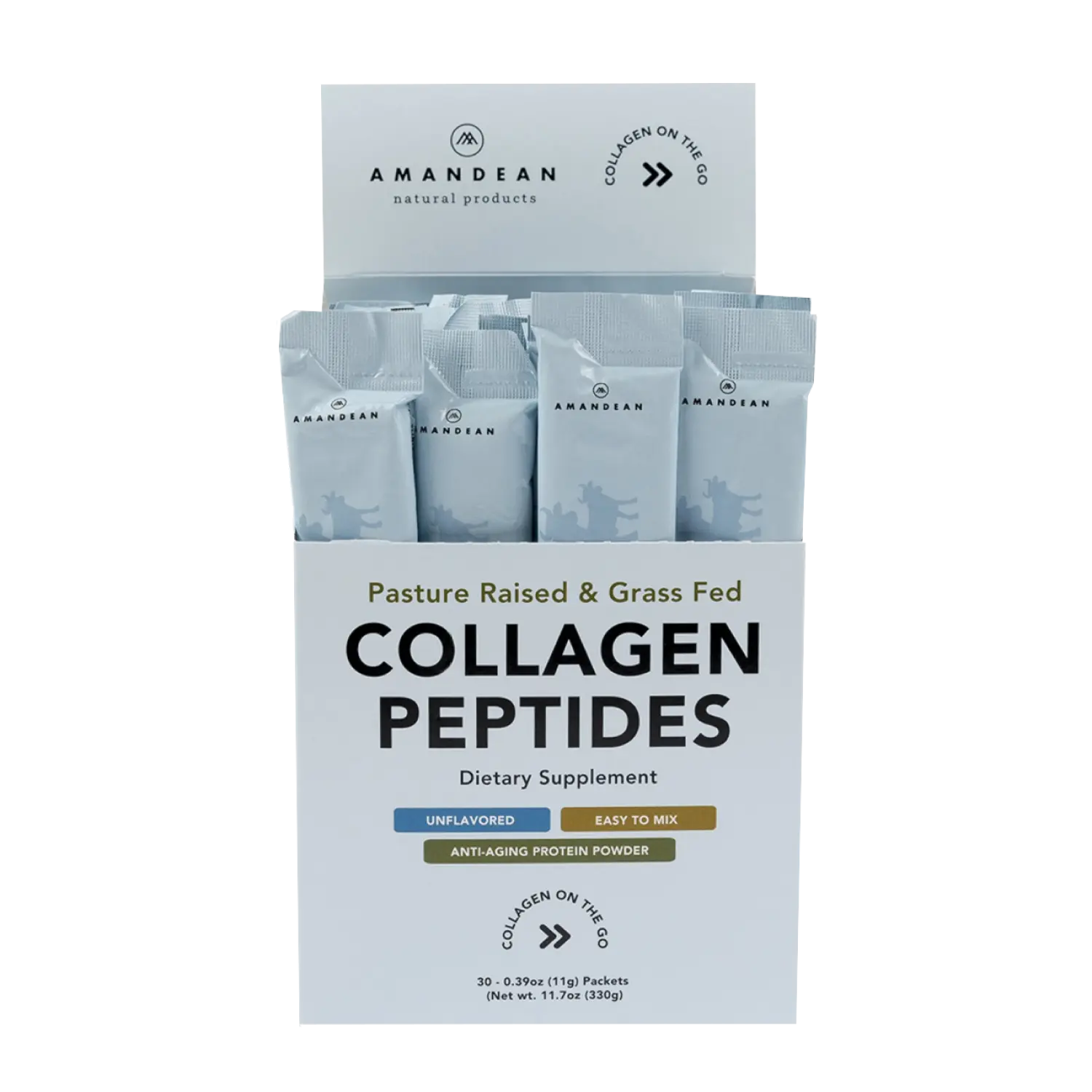 Amandean Collagen Peptides Packets. 30 Individual Stick Packs. Grass-Fed Type 1 & 3 Collagen For On-The-Go - Travel, Office, Gym, Cafe.