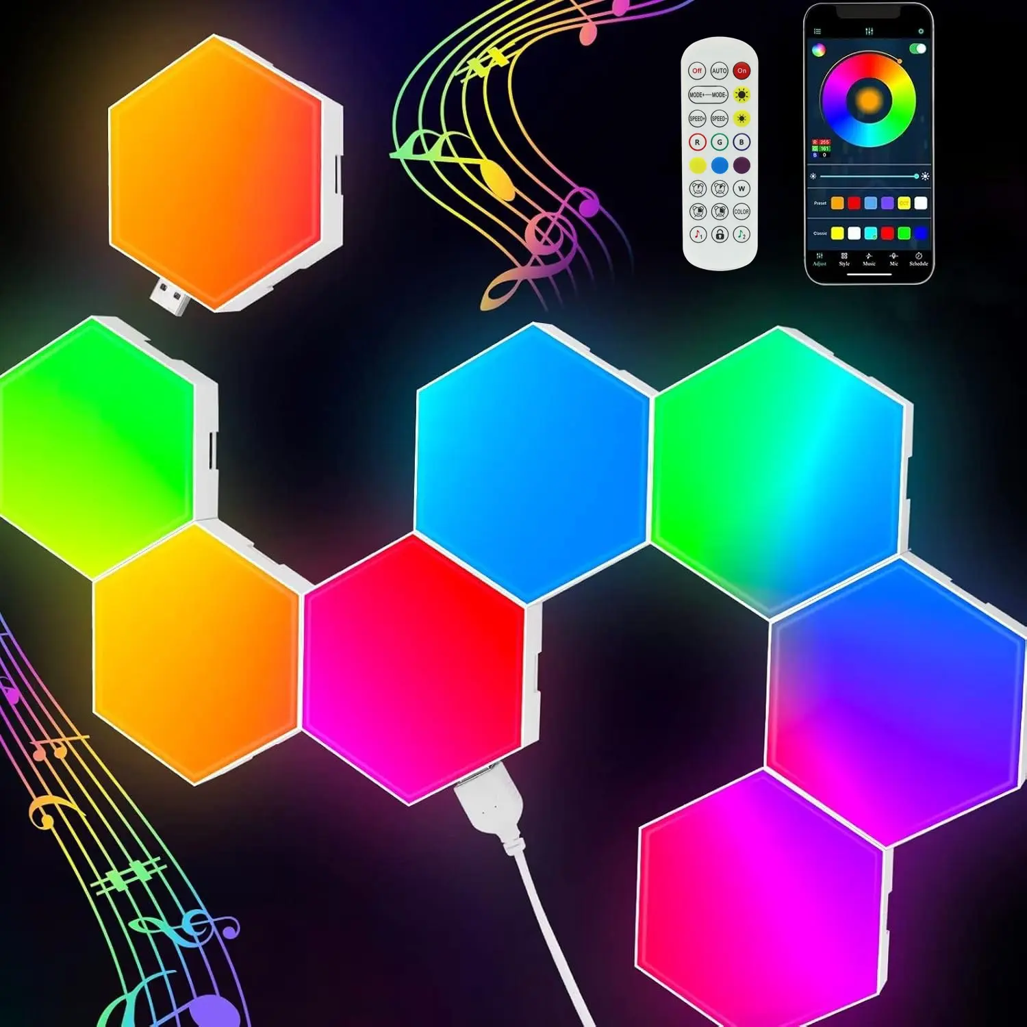 8 Pack Hexagon Lights LED Wall Panels, RGB Gaming Lights with APP & Remote Control, Adjustable Brightness, Music Sync Honeycomb Shape Hex Lights, Hexagonal Lights for Bedroom, Living Room Wall, Gaming Decor, Decoration, RGB Lighting