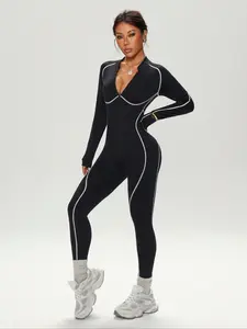 Autumn Winter Seamless Unitard Zip Front, Yoga Fitness Dance Cycling Pilates Training, Sporty Plain Above the Ankle Jumpsuit, Sporty Comfy Jumpsuit