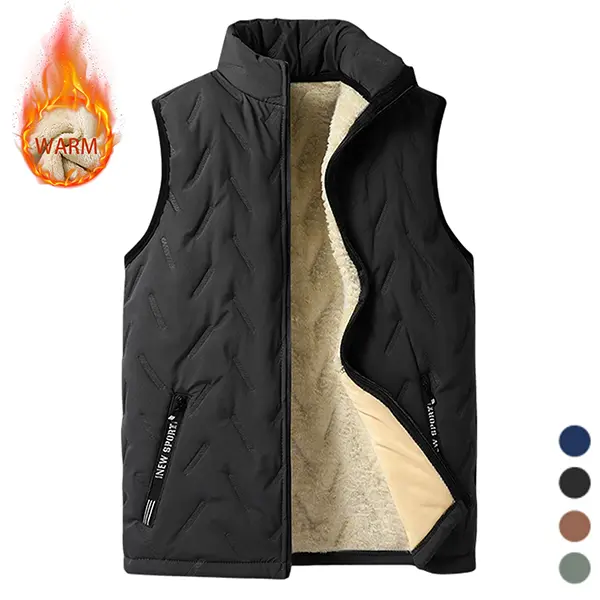 Men’s autumn/winter insulated vest with fleece lining, regular fit with zipper design, solid color stand collar casual style, suitable for everyday wear and outdoor activities; menswear, autumn/winter apparel, men’s outerwear.