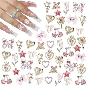 24PCS Nail Charms Y2k Alloy Nail Art Rhinestone Charms 3D Heart Star Bow with Rhinestones Cherry Nail Gems Shiny Jewelry