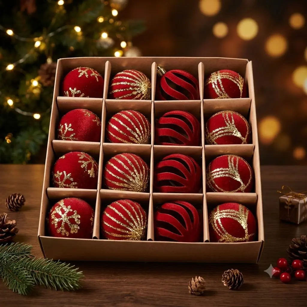 16 sets of Christmas decoration kits, retro red non-breakable ornaments, luxurious Christmas tree decorations, packed in a kraft paper gift box, available in multiple colors sohochic