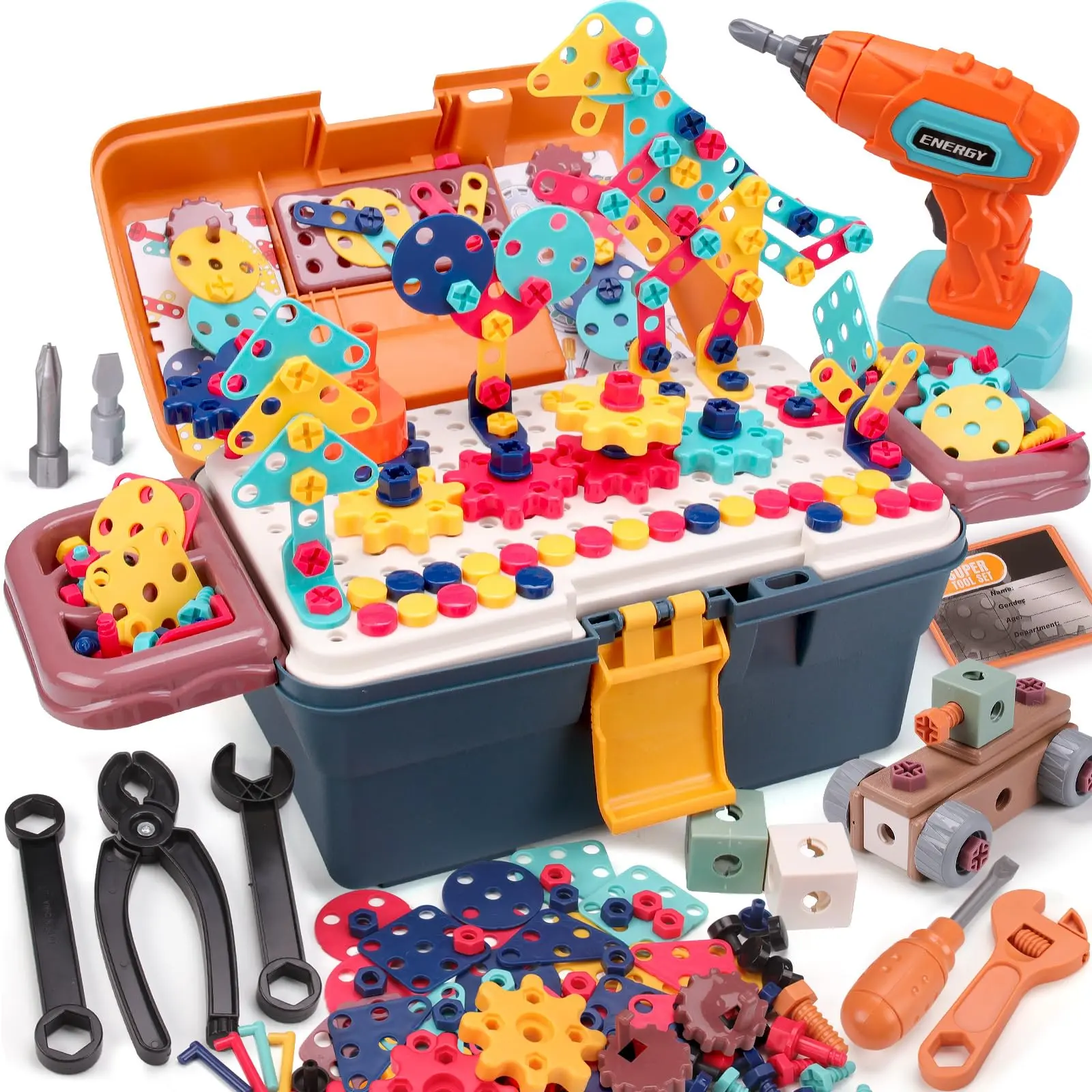 Magic Montessori Play Toolbox with Electric Drill, Kids Tool set Real, Toddler Screwdriver Toy Power Tools Box Drill and Screw kit for Boys Girls