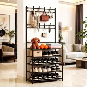 Multi-Purpose Home Organizer - 60cm Free-Standing Coat, Shoe & Hat Rack with Adjustable Hooks, Multi-Tier Design for Apartment & House Storage.