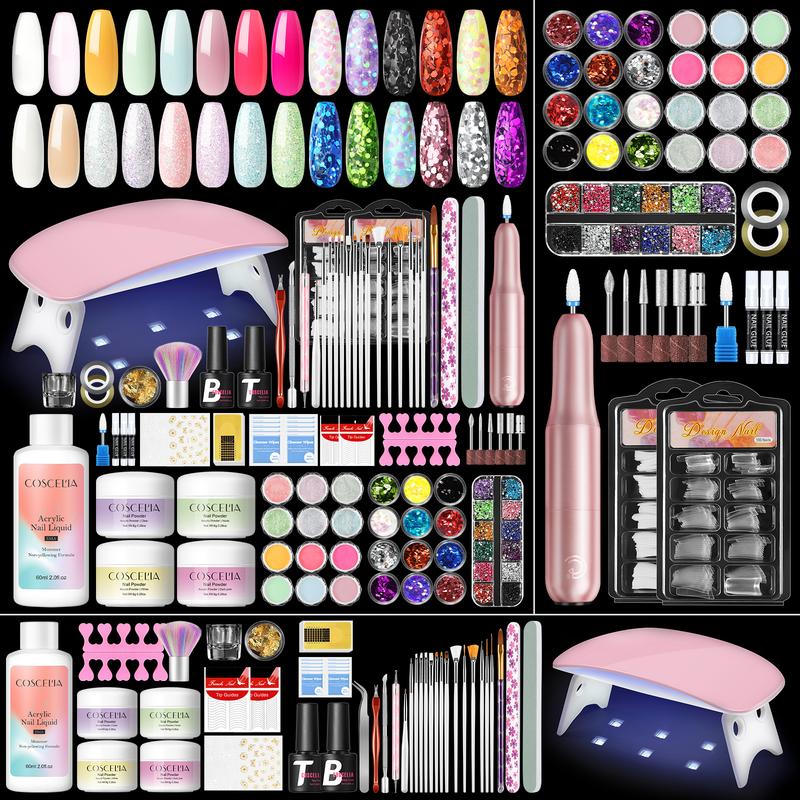 COSCELIA DIY Nail Kit - Acrylic Powder Set with Drill UV Lamp Glitter Base & Top Coat for Beginners Home Use Flawless Cutics Salon Manicure Gift