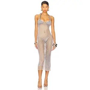 Lovers and Friends Katja Beaded Crochet Midi Dress in Ice