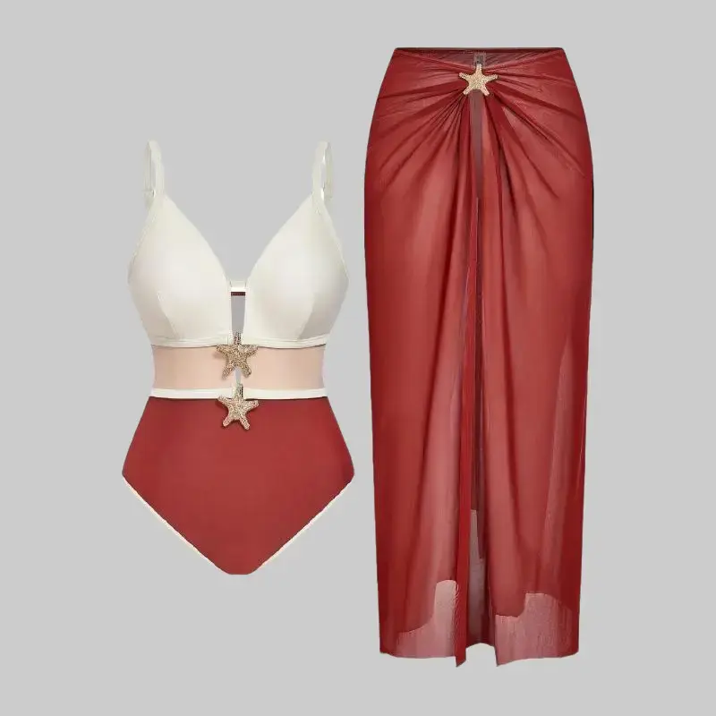 Women's Big-Tall Color-Blocked Swimwear Set - Stretch Knit Fabric (Elastane, Polyester) Including Plus-Size 1-Piece Swimsuit with Yarn Skirt & 2-Piece Bikini, European-American Fashion