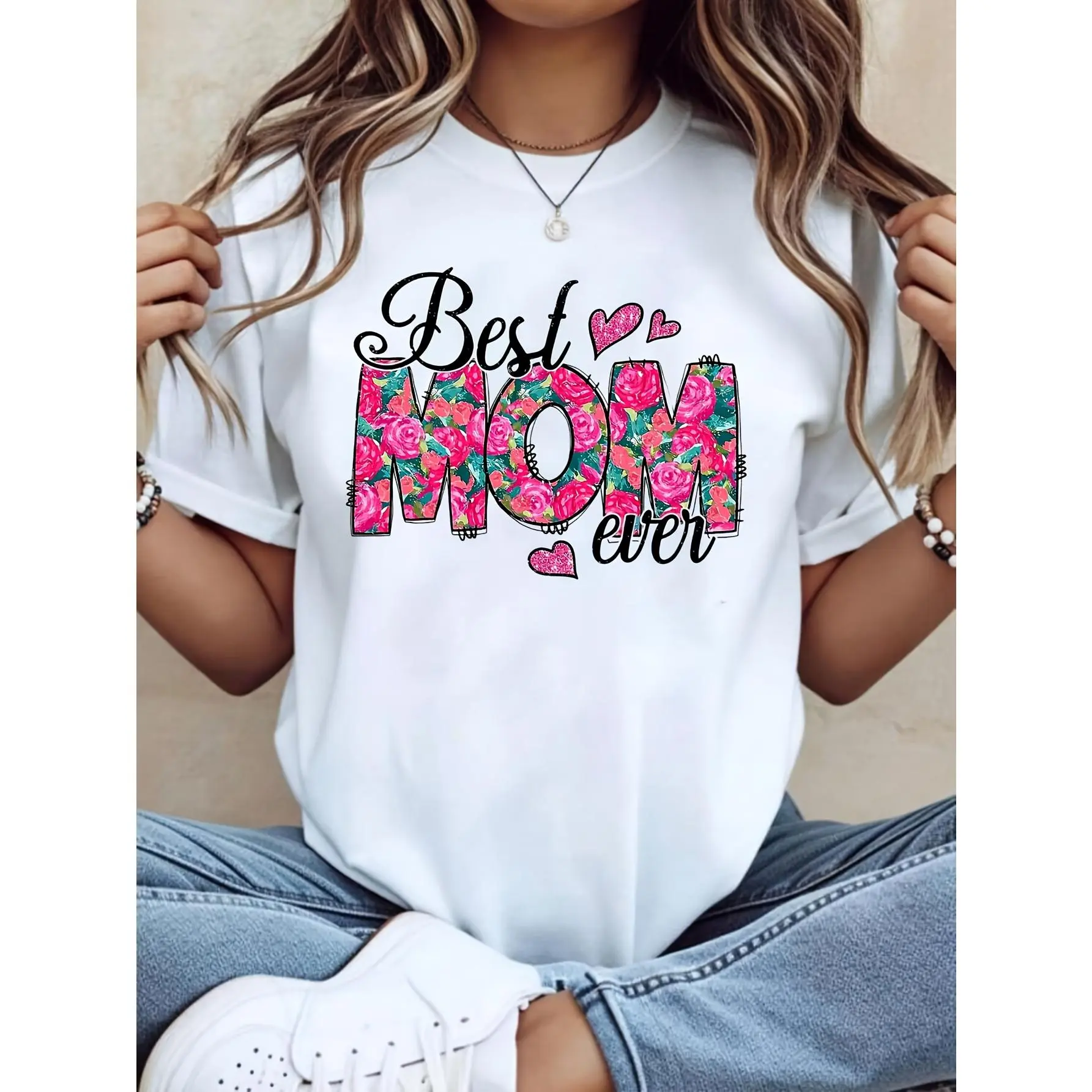 Women's T-Shirt, Floral Best Mom Ever Graphic Tee, Motherhood Appreciation Design, Gift For Mom