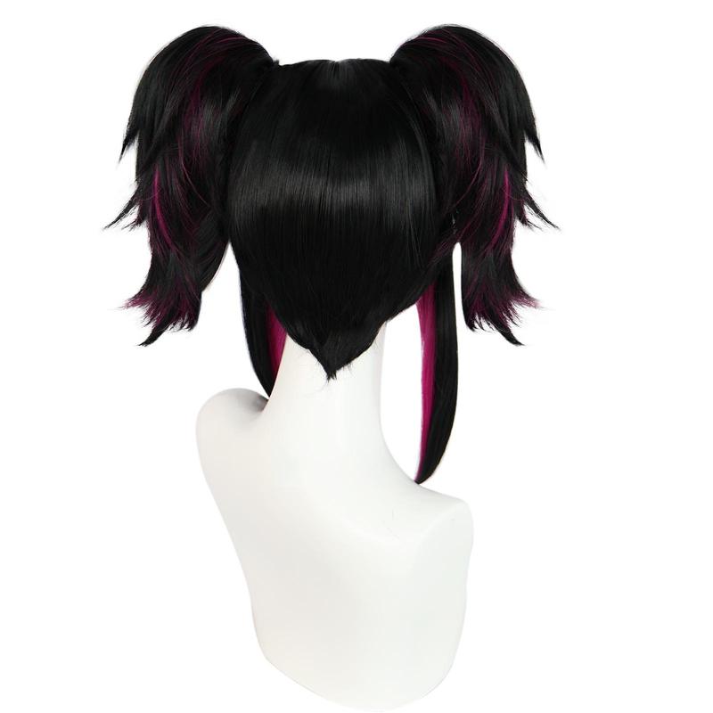 Synthetic Black With Red Double Clip On Ponytails Straight Heat Resistant Han Juri Cosplay Game Anime Character Wig