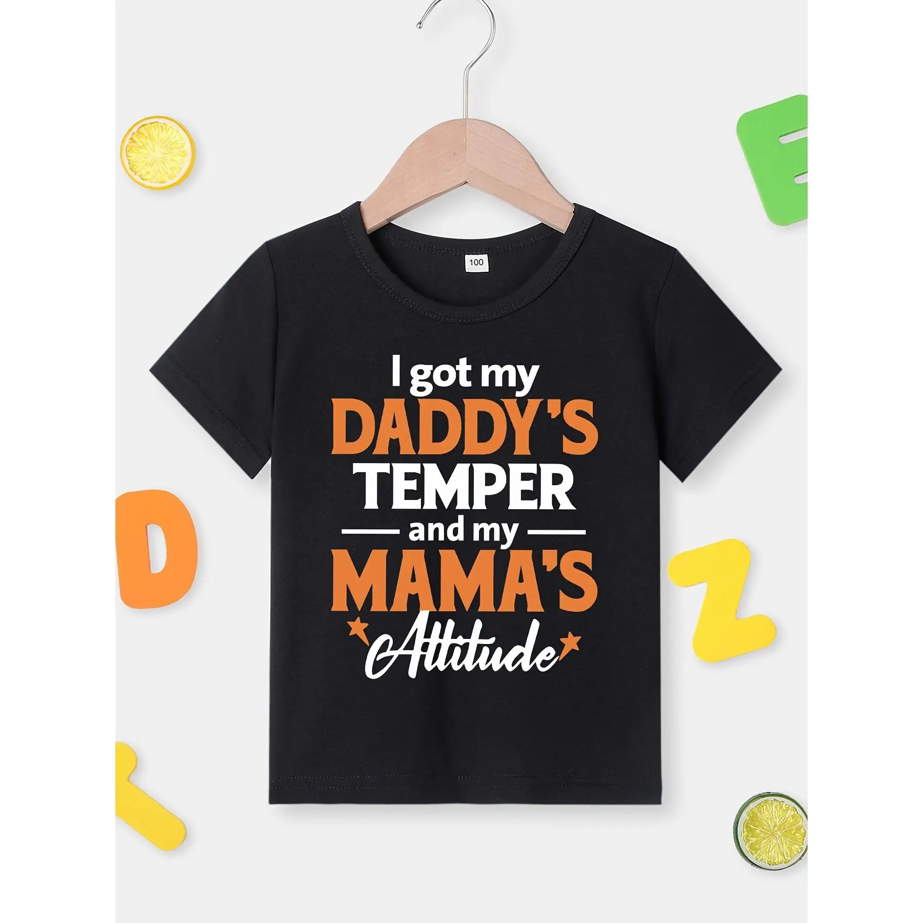 Girls' "I Got My Daddy's Temper and My Mommy's Attitude" Graphic T-Shirt - Casual Black Cotton Tee with Orange and White Print, Round Neck, Short Slee