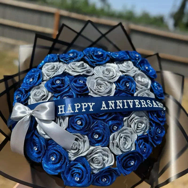 50-Count PVC Eternal Rose Bouquet with Blue and Silver Glitter - Home Decor Floral Centerpiece for Happy Anniversary Gift