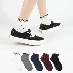 Kikiya Women's Cotton Ankle Socks - Polka Dot Ruffle Sheer Design Heart Striped Pattern Rainbow Color - Ladies & Girls Casual Socks (Size 6-8)